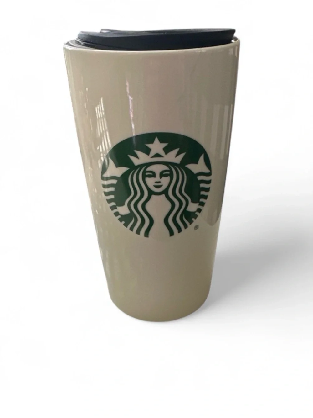 Starbucks Cream Tumbler with Green Logo and Black Lid